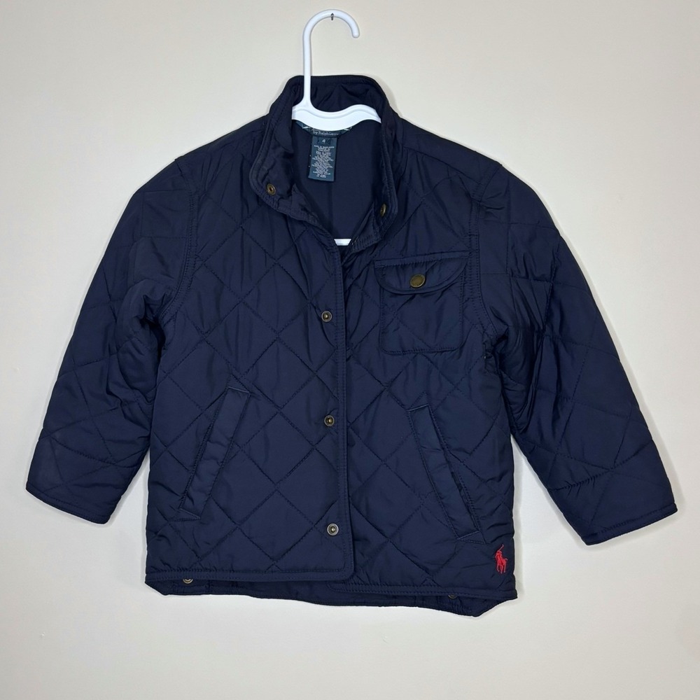 Polo Ralph Lauren Kids Navy Blue Quilted Barn Jacket Snap Front Pony Logo Size 4